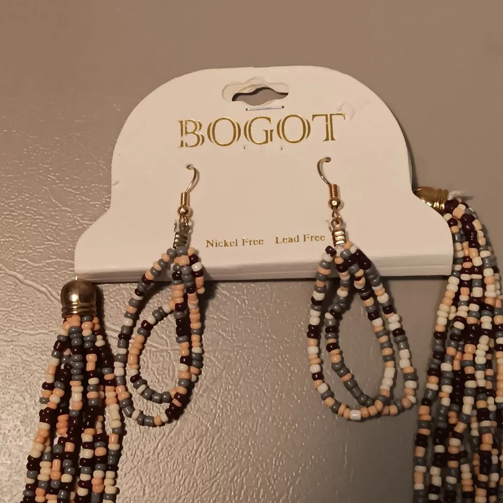 Bogot multicolor seed bead matching jewelry set tassel necklace & earrings - NWT